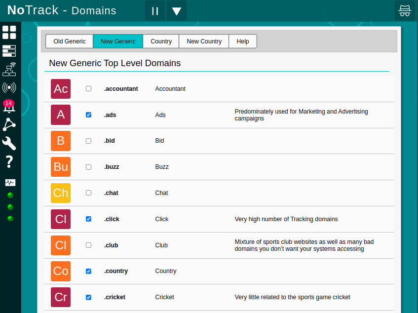 NoTrack Top Level Domain Blocking